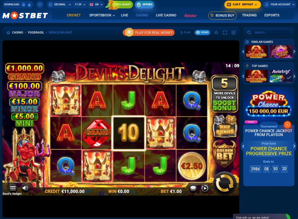 Devil's Delight slot on Mostbet showing the live reels and bonus symbols inside the game interface