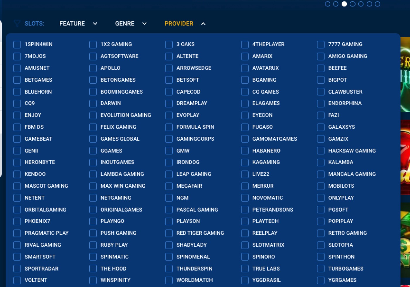 Mostbet provider list view showing the studios available in the casino lobby