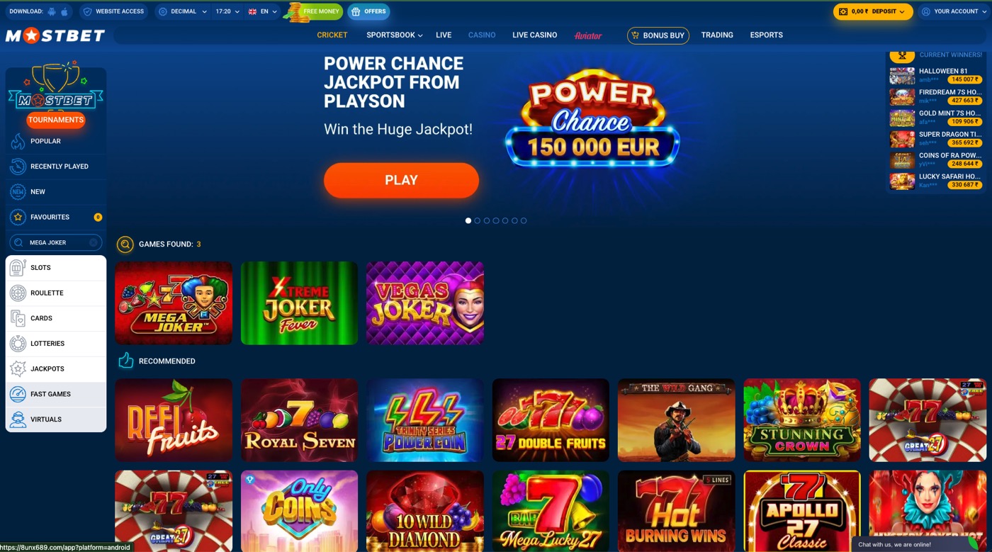 Mostbet jackpot lobby with a live progressive prize banner and slot grid